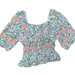 NWT C&V Floral Ruched Puff Sleeve Cropped Peplum Top XS